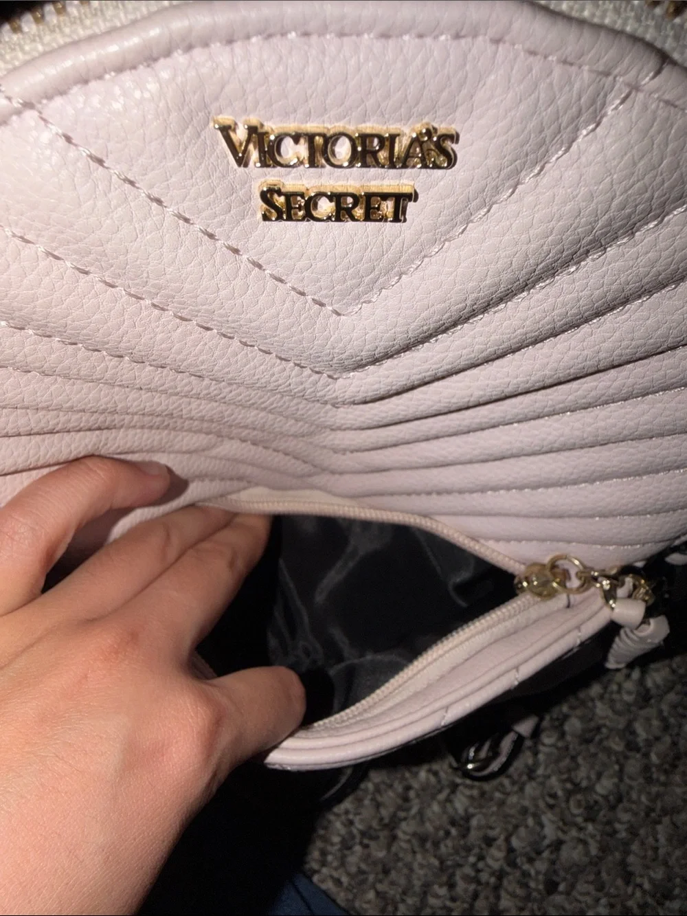 Victoria’s Secret Light Pink Quilted Mini Backpack with Gold Chain Accent